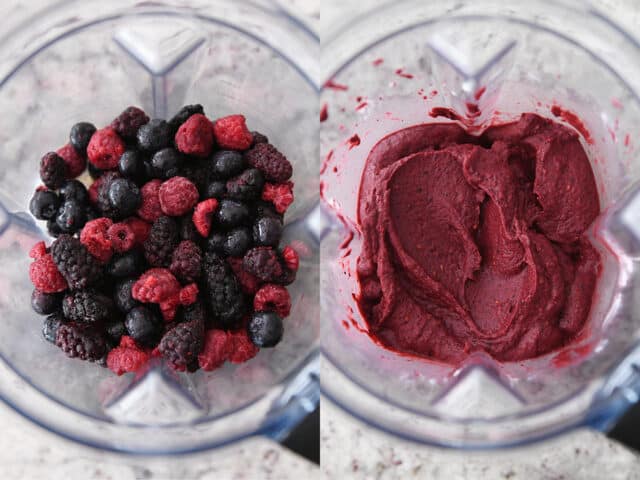 Frozen berries in blender, smooth berry frozen yogurt in blender.