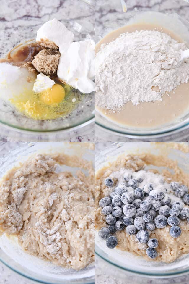 Step by step collage of assembling ingredients for blueberry muffin bread.