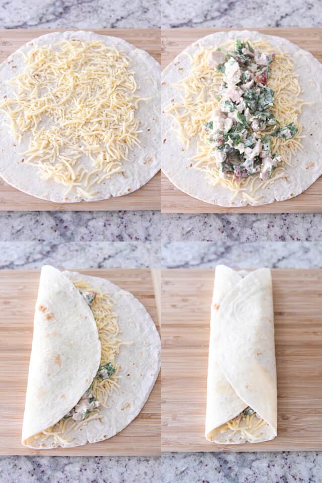 Assembling chicken bacon ranch wraps on wood cutting board.