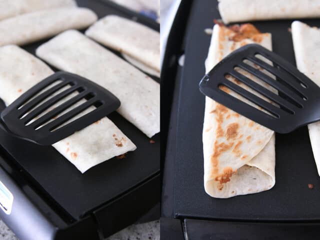 Crispy chicken bacon ranch wrap on griddle pressed with spatula.