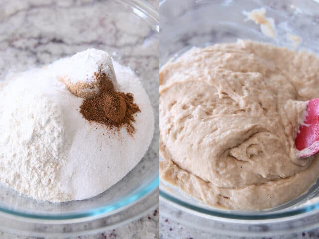 Mixing dry ingredients into wet ingredients for doughnut muffins.