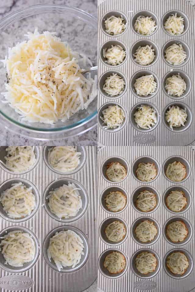 Mixing hash browns with butter, pressing hash brown mixture into bottom of muffin tin.