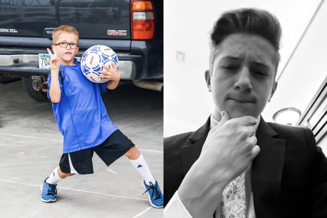 Two side-by-side pictures a boy, one when he was little, the other as a teenager. 