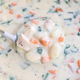 ladle scooping out portion of creamy chicken gnocchi soup in blue pot