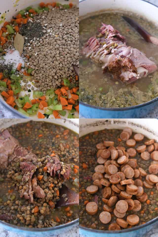 Cooking ham bone lentil soup with ham bone, vegetables, and adding sausage.