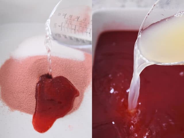 Pouring boiling water into jello and sugar in white pan.