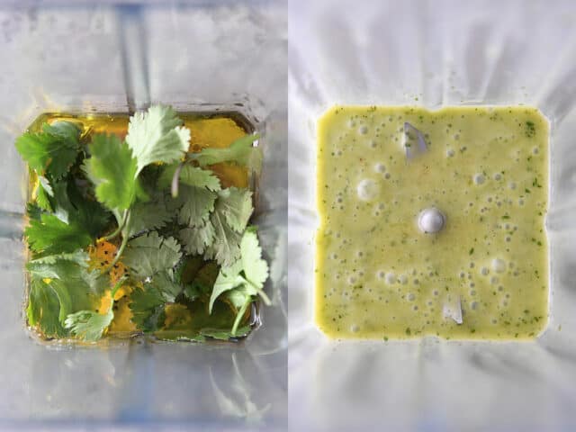 Blending cilantro, dijon mustard, oil, honey and vinegar in blender.