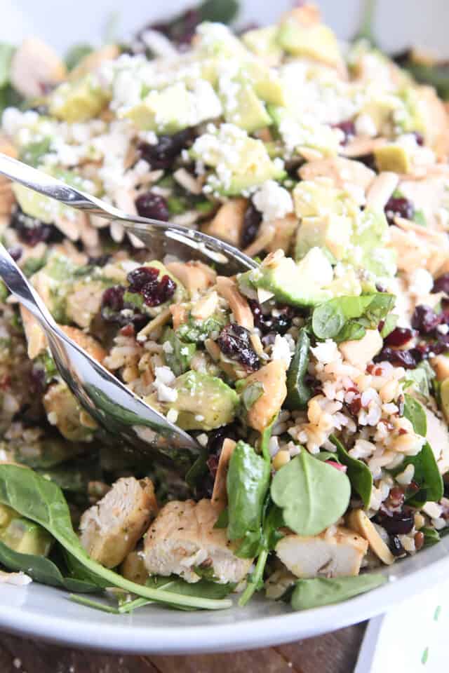 Scooping serving of kale and wild rice salad with salad tongs.