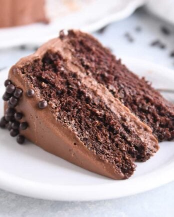 piece of chocolate cake with chocolate frosting on white plate
