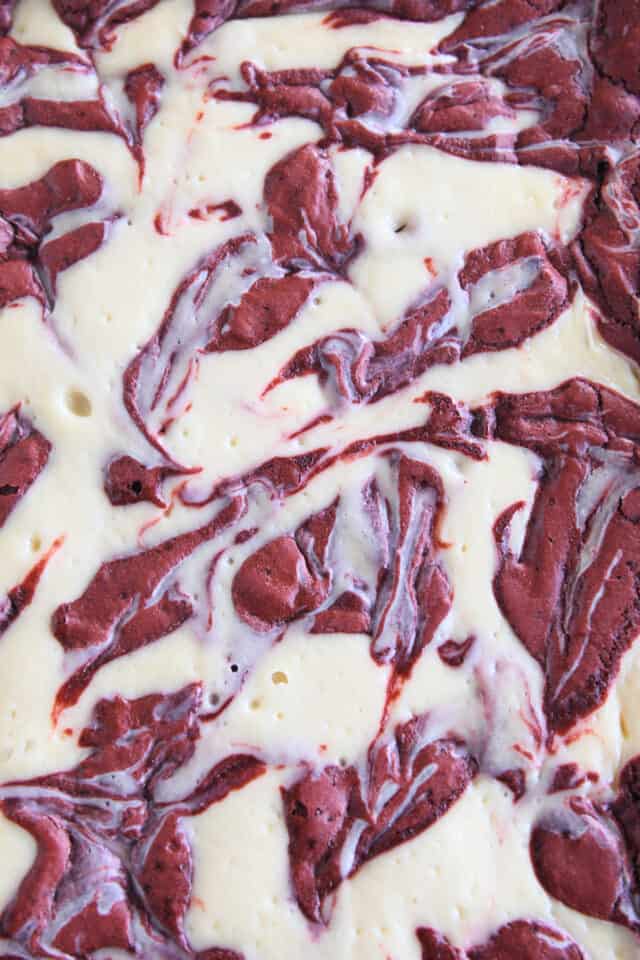 Marbled top of cheesecake brownies.