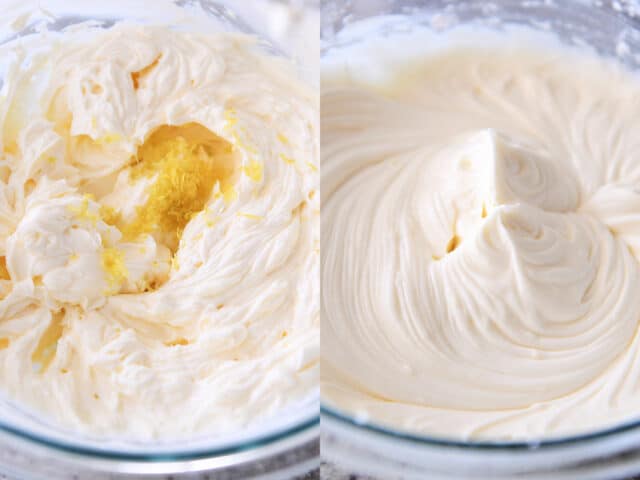 Lemon zest in whipped frosting in glass bowl.
