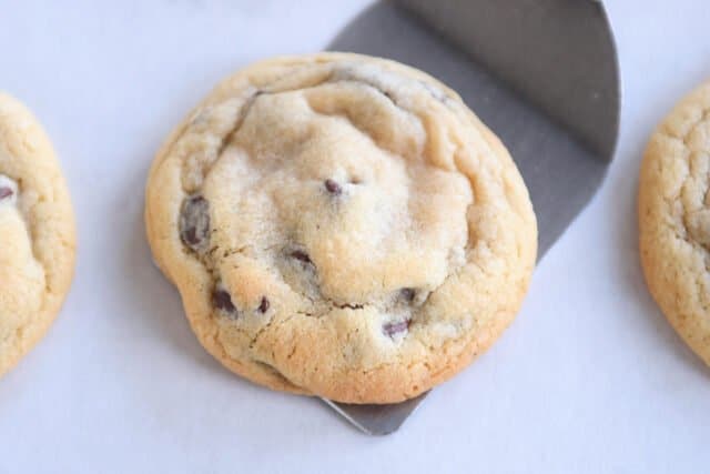 super soft chocolate chip cookie on spatula