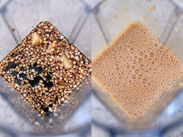 Blender with soy sauce, ginger, garlic blended up.