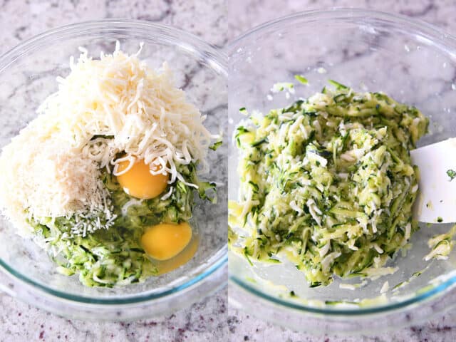 Glass bowl of shredded zucchini, eggs, parmesan cheese.