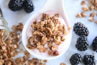 White scoop with strawberry yogurt, cinnamon granola and blackberries on the side.