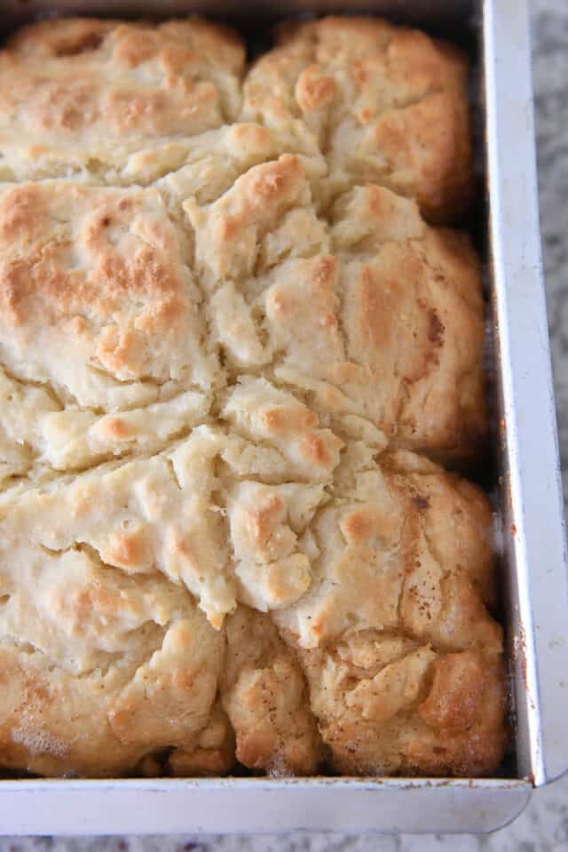 Baked pan of buttery biscuits.
