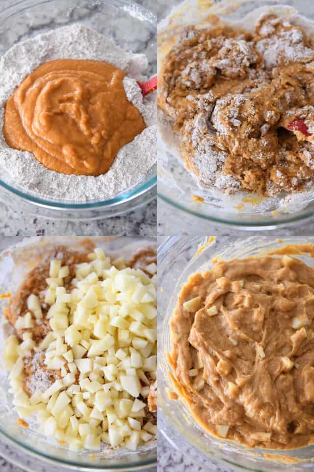Mixing pumpkin muffin batter in glass bowl with apples.