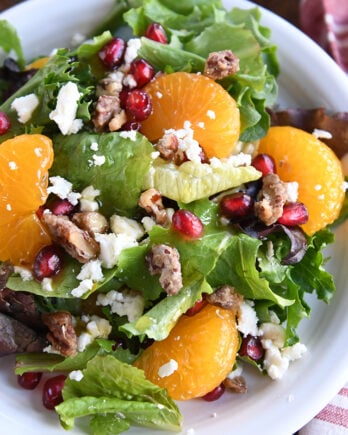 Salad greens, mandarin oranges, pomegranate arils, candied nuts and feta cheese on white plate.