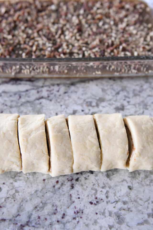 Cinnamon rolls cut into rounds.