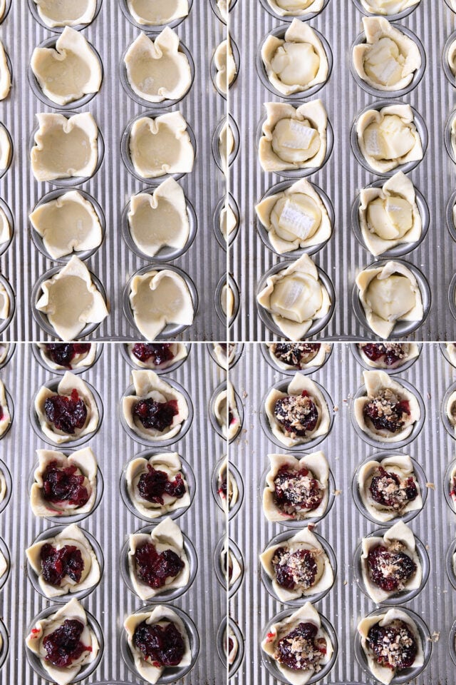 Puff pastry in mini muffin tin; brie cheese in puff pastry; cranberry sauce on top of brie cheese; pecans and brown sugar on top of cranberry sauce.