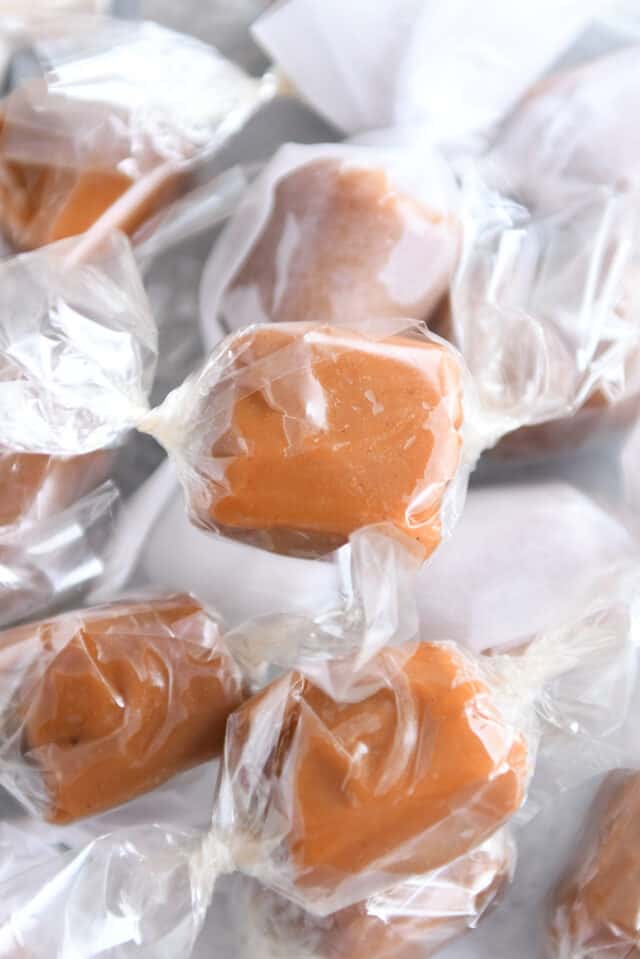 Gingerbread caramel wrapped in clear cellophane wrapper.