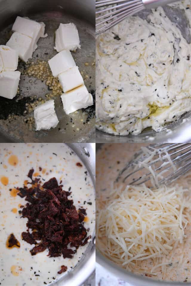 Making tuscan pasta sauce with cream cheese, garlic, butter basil, sun-dried tomatoes and parmesan cheese.