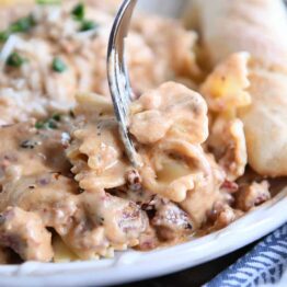 Fork with bowtie pasta and creamy sun-dried tomato pasta sauce.