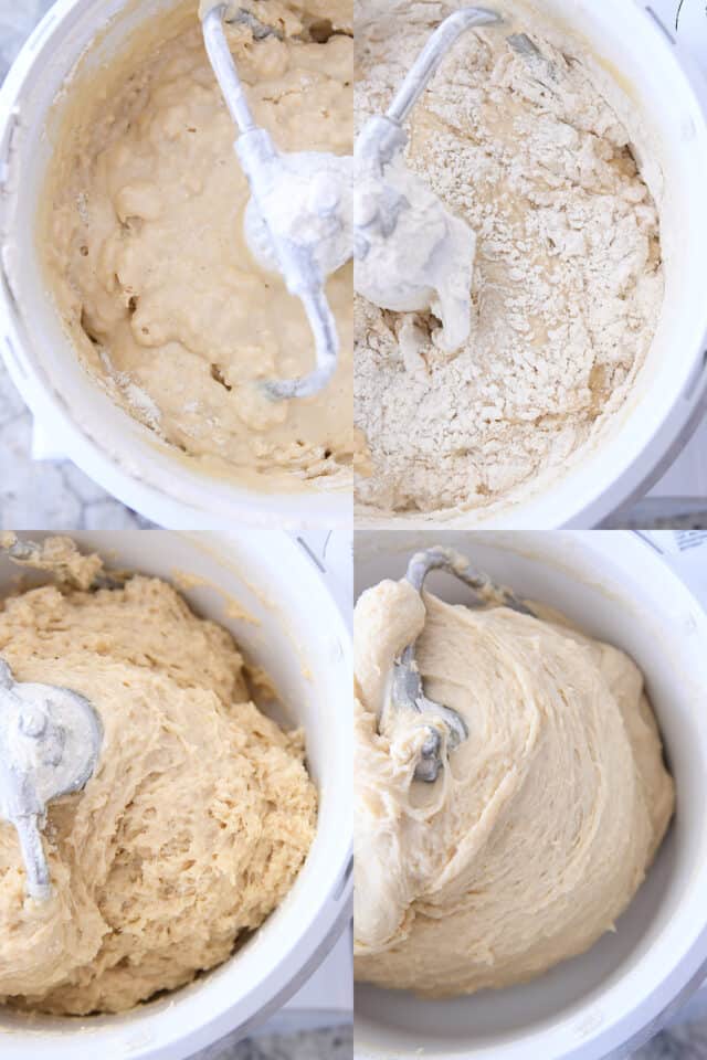 Dough mixing in Bosch mixer with dough hook and white bowl.