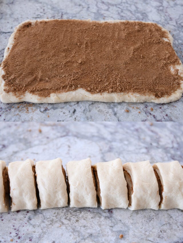 Spreading brown sugar and cinnamon on cinnamon rolls and cutting them into pieces.