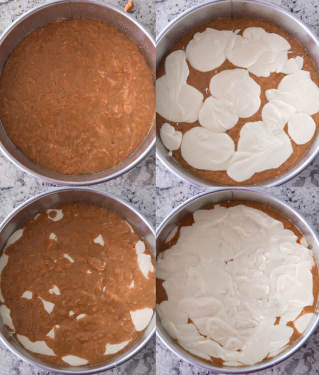 Carrot cake in springform pan; dollops of cream cheese batter on carrot cake; more carrot cake on top of cream cheese; cream cheese layer on top.