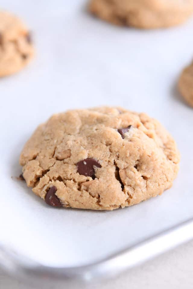 Baked cookie on sheet pan.