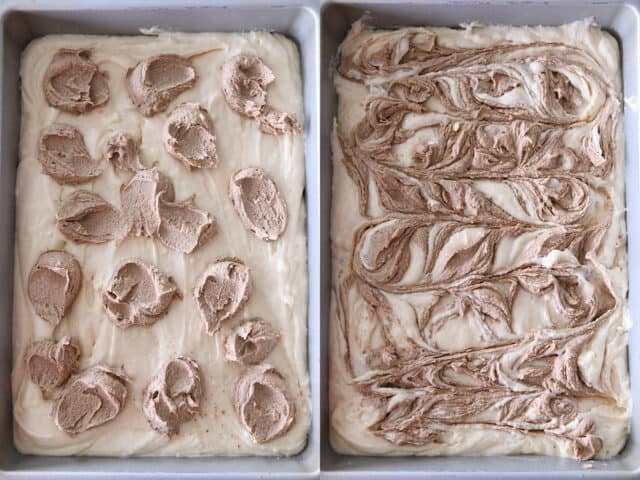 Dots of cinnamon and sugar over cake batter; cinnamon and sugar swirled into cake batter.