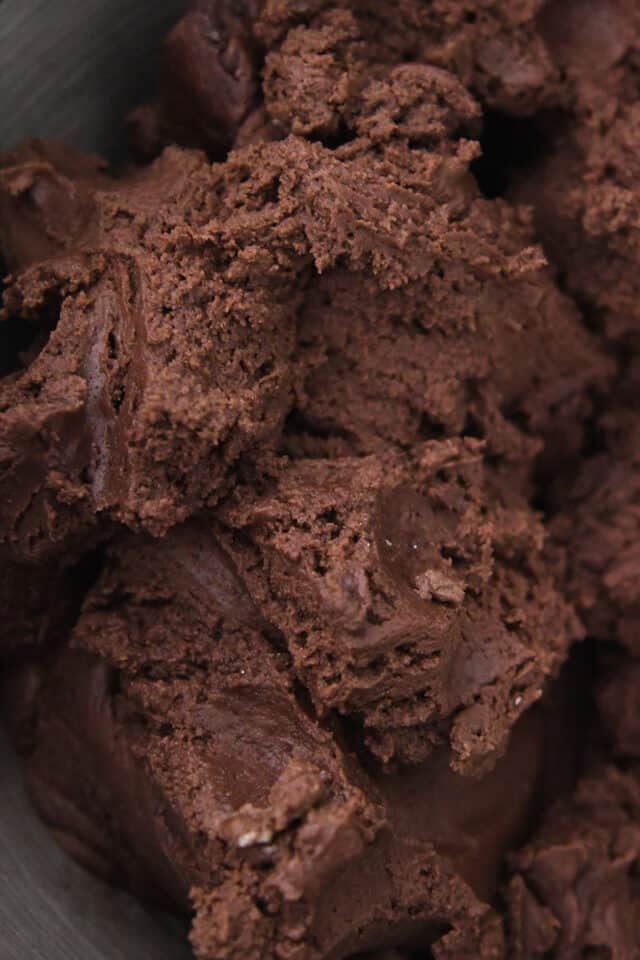 Chocolate cookie batter in metal bowl.