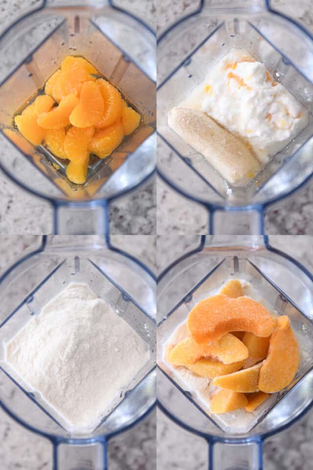 Blender with mandarin oranges, frozen banana, yogurt, protein powder, and frozen peaches.