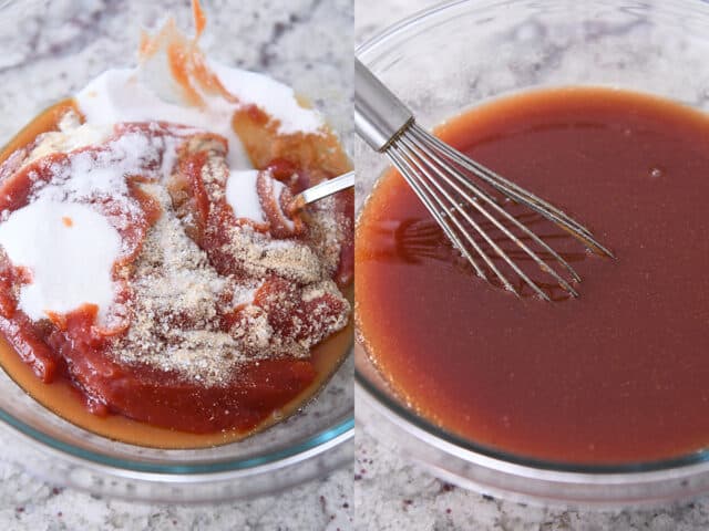 Whisked mixture of ketchup, vinegar, sugar, and garlic powder in glass bowl.