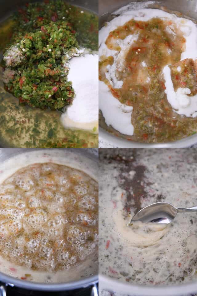 Step-by-step photos of simmering peppers and pectin, adding sugar, simmering jelly, and skimming foam off of jelly.