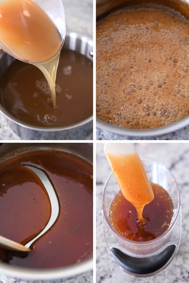 Boiling down apple cider in stainless pan until syrupy.