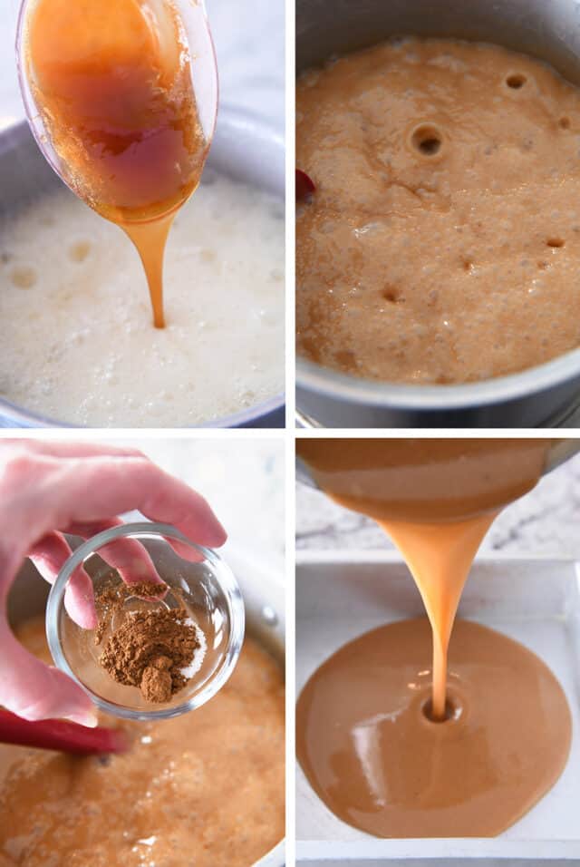 Making apple cider caramels by pouring in apple cider; simmering caramel mixture; adding cinnamon and vanilla; pouring caramel into pan.