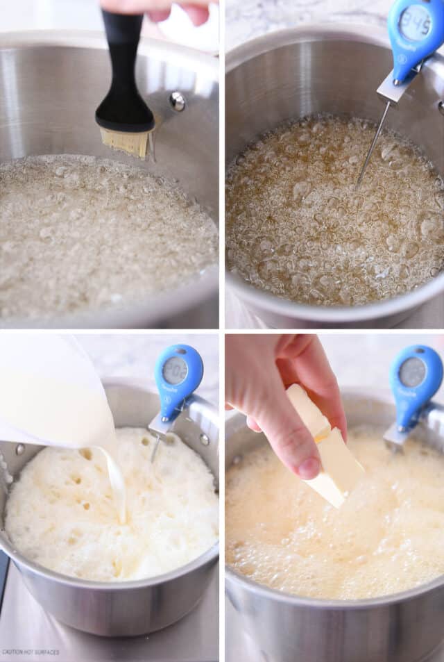 Boiling sugar, adding cream and butter to caramel mixture.