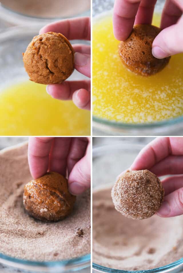 Dipping mini pumpkin muffins in butter and then in cinnamon and sugar.