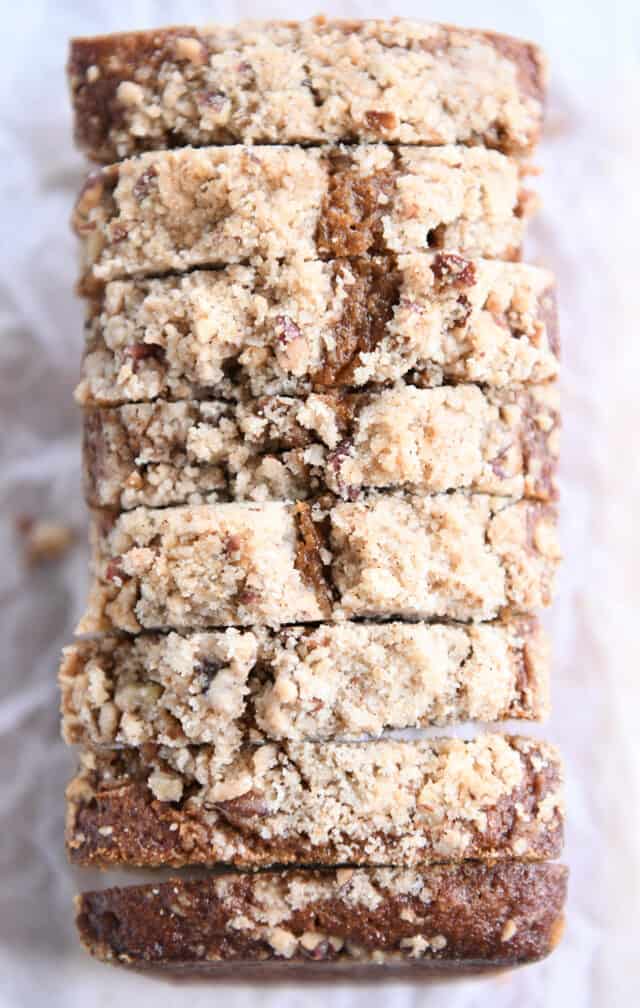 Top down view of mini gingerbread loaf cut into slices.
