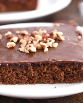 Square of frosted chocolate Texas sheet cake on white plate with pecans on top.