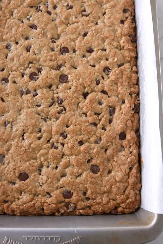 Bottom corner of 9X13-inch pan of baked cookie bars.