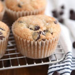 Chocolate chip muffin on wire rack.