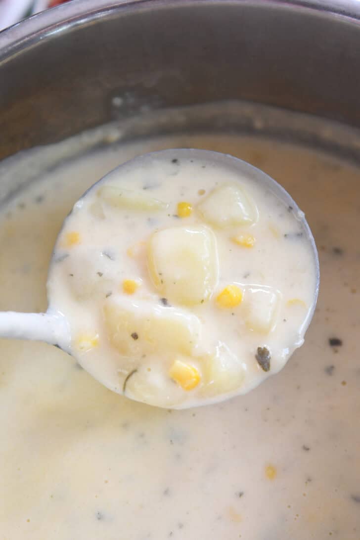 Ladle scooping creamy potato soup from Instant Pot.