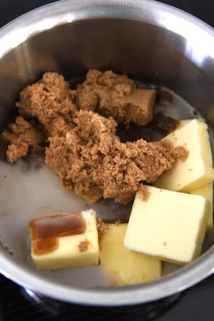 Small saucepan with butter, milk and brown sugar.