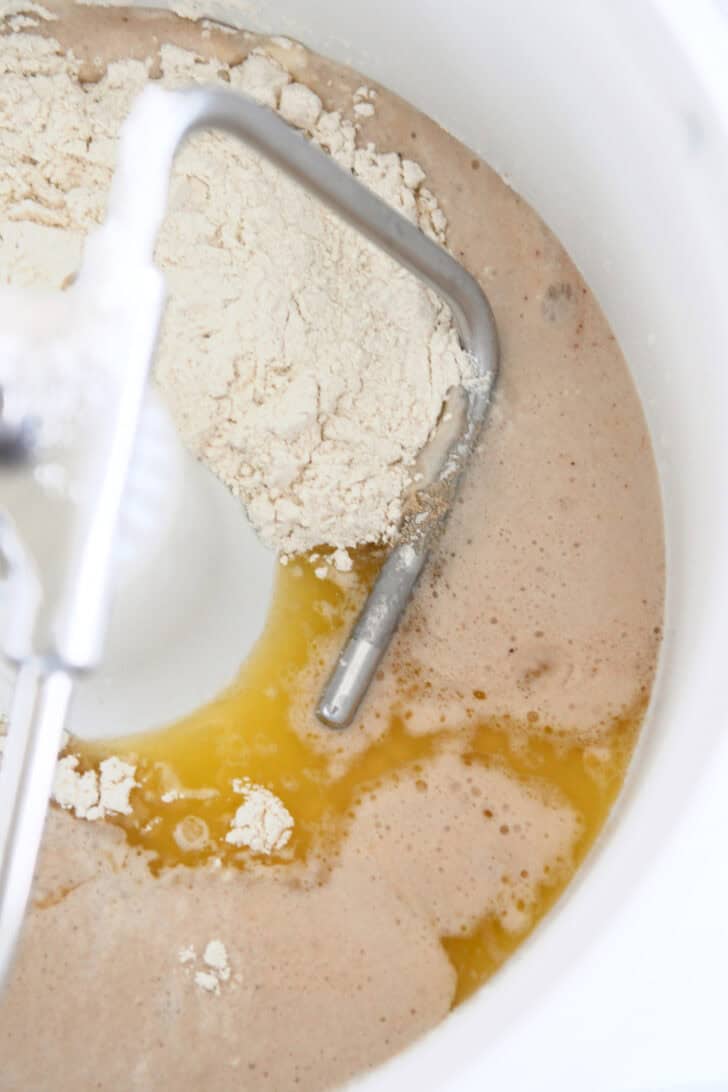 Water, yeast, butter and flour in bosch mixer.