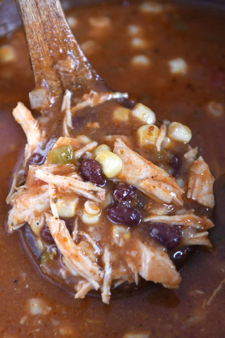 A ladle taking a scoop of chicken tortilla soup out of a pot.