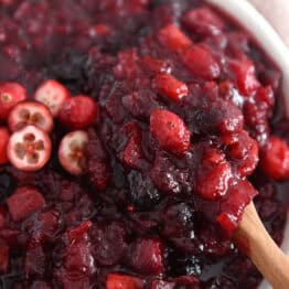 Spoon scooping up bite of thick cranberry chutney.