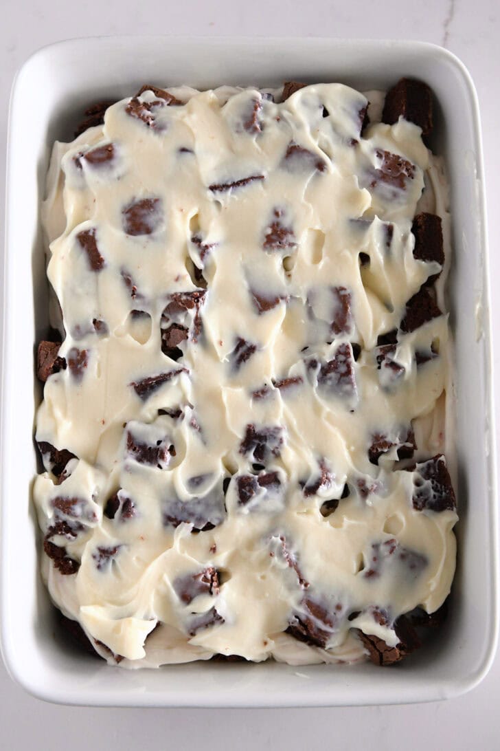 Pudding layer spread over the top of brownie cubes.